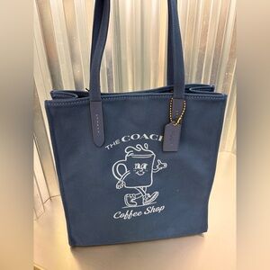 Coach Deep Blue Canvas Coffee Shop Tote NWT New Released Color